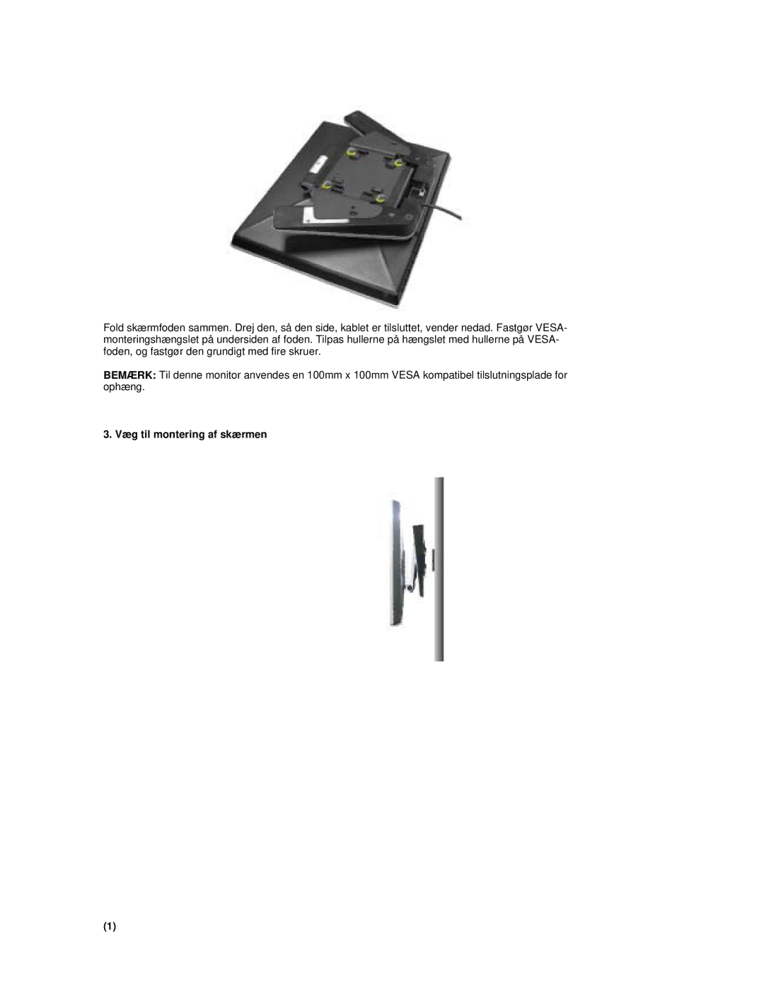 Samsung RL17PSUSQ/EDC, RL19PSUSQ/EDC, RL17ESQSB/EDC, RL17ESUSB/EDC manual Væg til montering af skærmen 