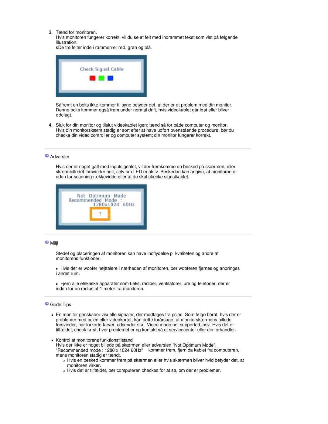 Samsung RL19PSUSQ/EDC, RL17PSUSQ/EDC, RL17ESQSB/EDC manual Advarsler, Gode Tips, Kontrol af monitorens funktionstilstand 