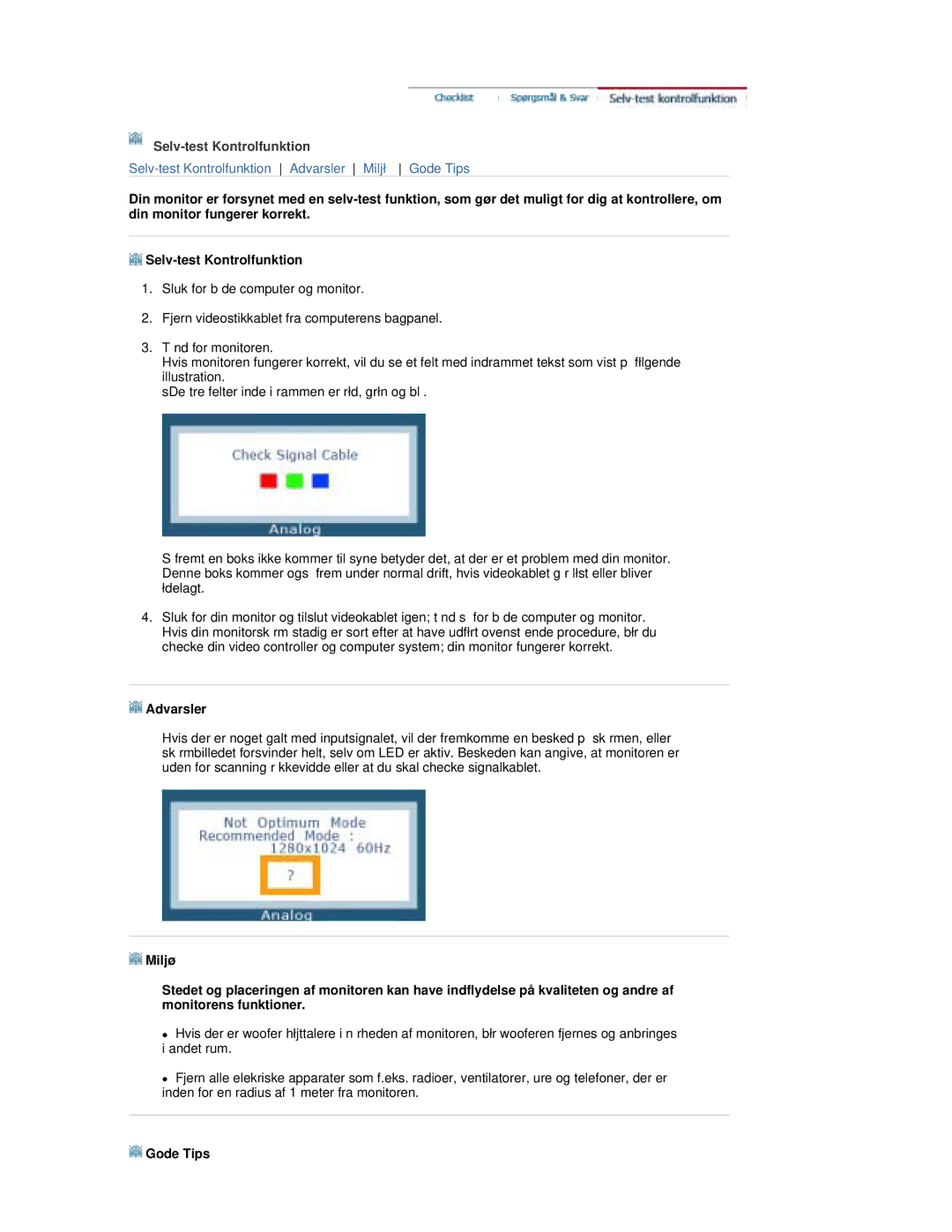 Samsung RL19PSUSQ/EDC, RL17PSUSQ/EDC, RL17ESQSB/EDC, RL17ESUSB/EDC manual Selv-test Kontrolfunktion 