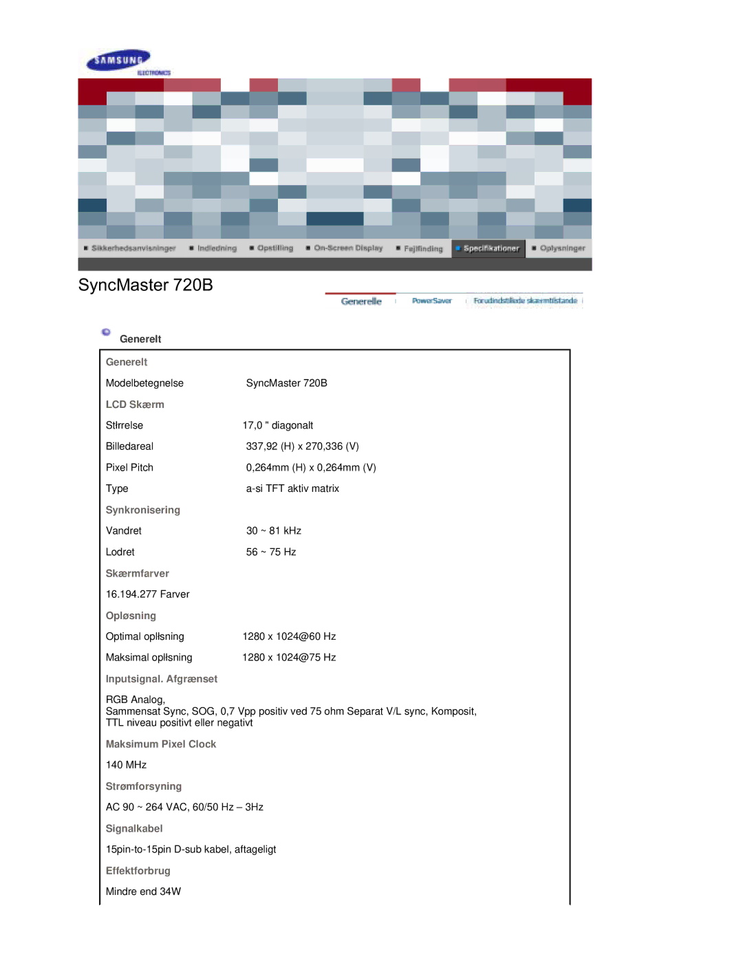 Samsung RL17ESUSB/EDC Generelt, LCD Skærm, Synkronisering, Skærmfarver, Opløsning, Inputsignal. Afgrænset, Strømforsyning 