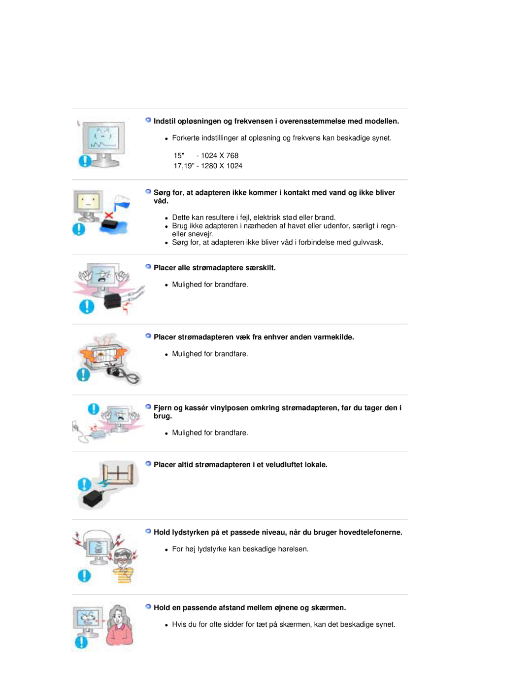 Samsung RL17ESUSB/EDC manual Placer alle strømadaptere særskilt, Placer strømadapteren væk fra enhver anden varmekilde 