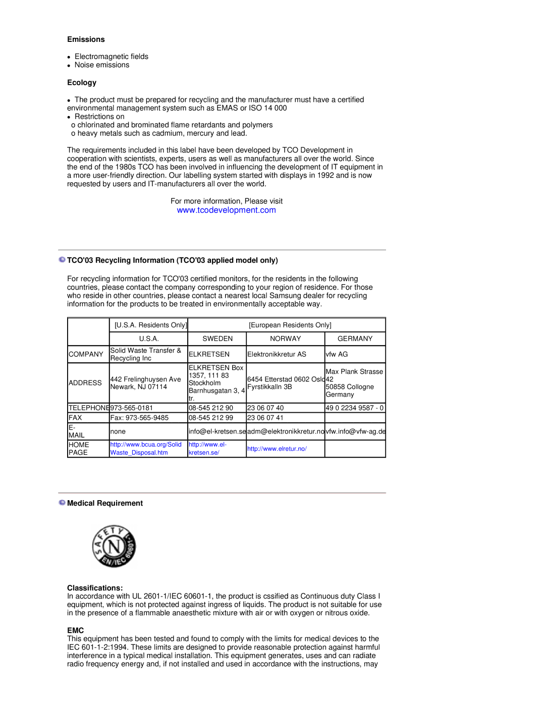 Samsung RL17ESQSB/EDC, RL17PSUSQ/EDC manual Emissions, Ecology, TCO03 Recycling Information TCO03 applied model only 