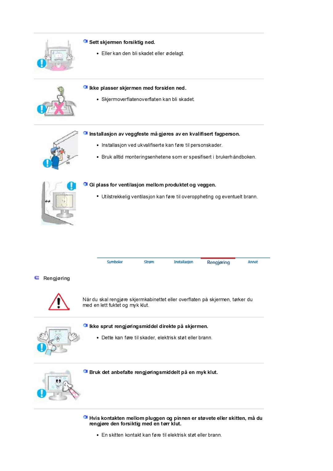 Samsung RL17PSUSQ/EDC, RL19PSUSQ/EDC manual Sett skjermen forsiktig ned, Ikke plasser skjermen med forsiden ned, Rengjøring 