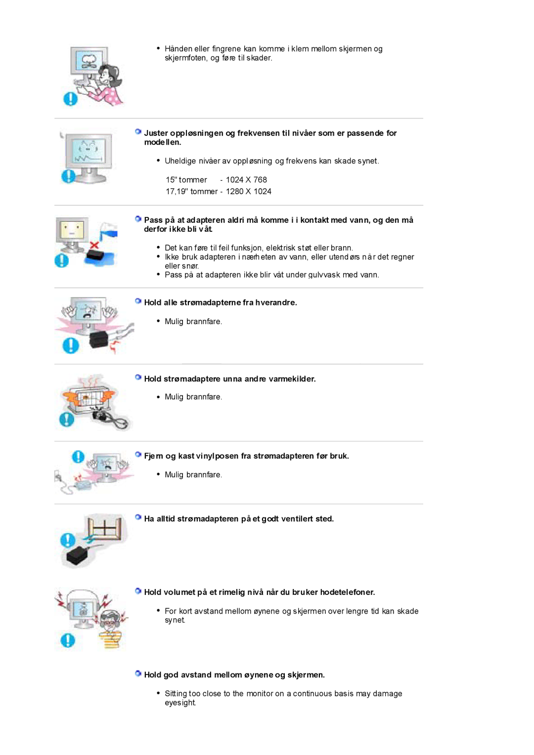 Samsung RL17ESUSB/EDC, RL17PSUSQ/EDC Hold alle strømadapterne fra hverandre, Hold strømadaptere unna andre varmekilder 