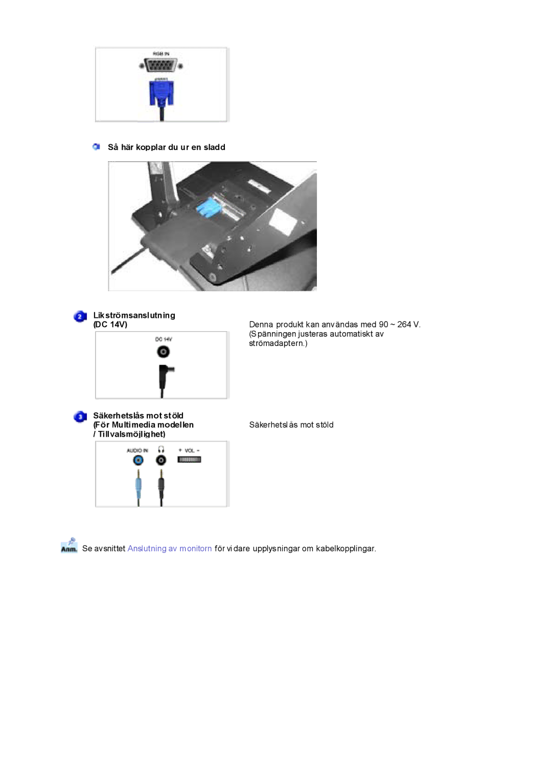 Samsung RL17PSUSQ/EDC, RL19PSUSQ/EDC, RL17ESQSB/EDC, RL17ESUSB/EDC manual Så här kopplar du ur en sladd Likströmsanslutning 