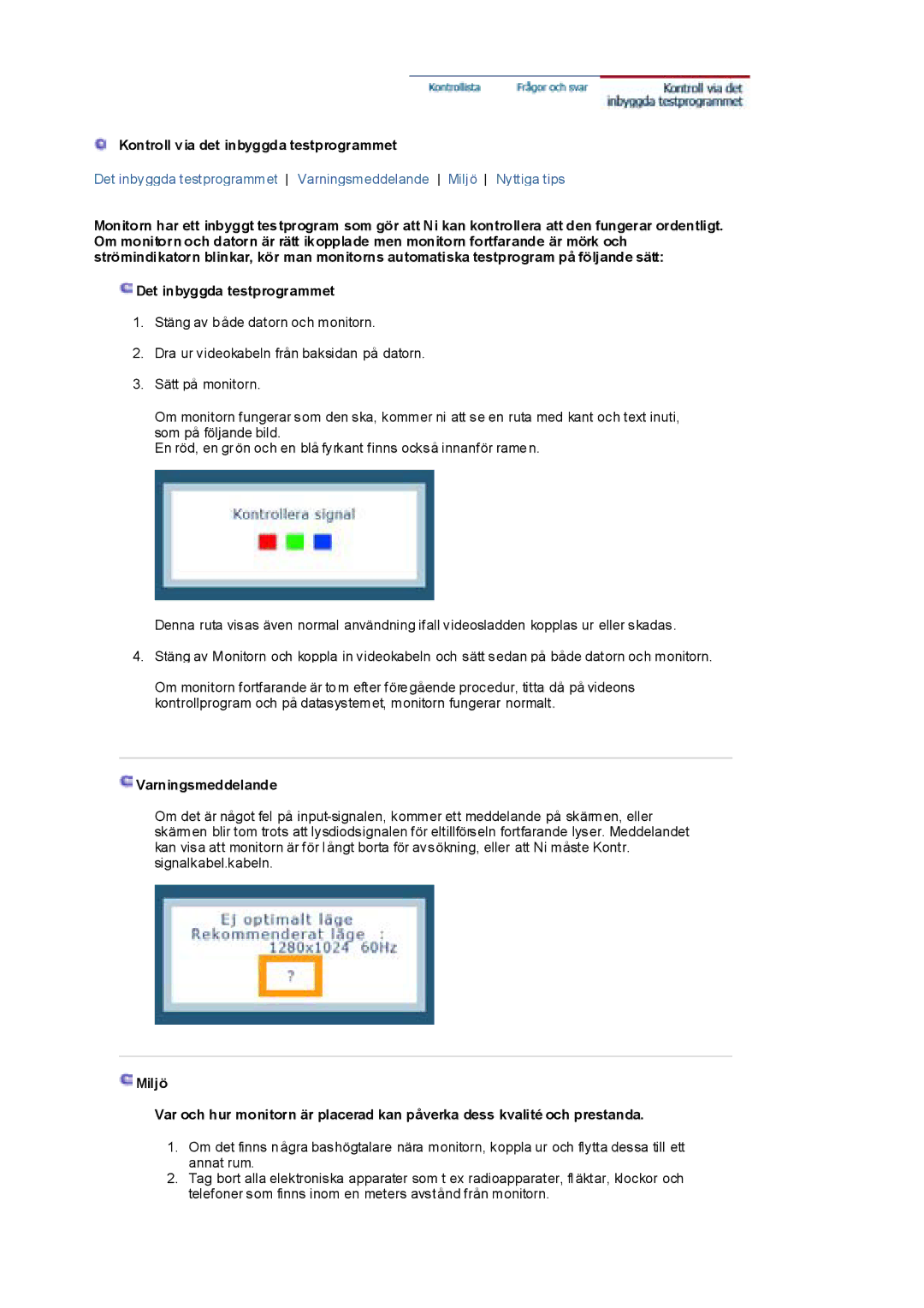 Samsung RL17PSUSQ/EDC, RL19PSUSQ/EDC, RL17ESQSB/EDC manual Kontroll via det inbyggda testprogrammet, Varningsmeddelande 