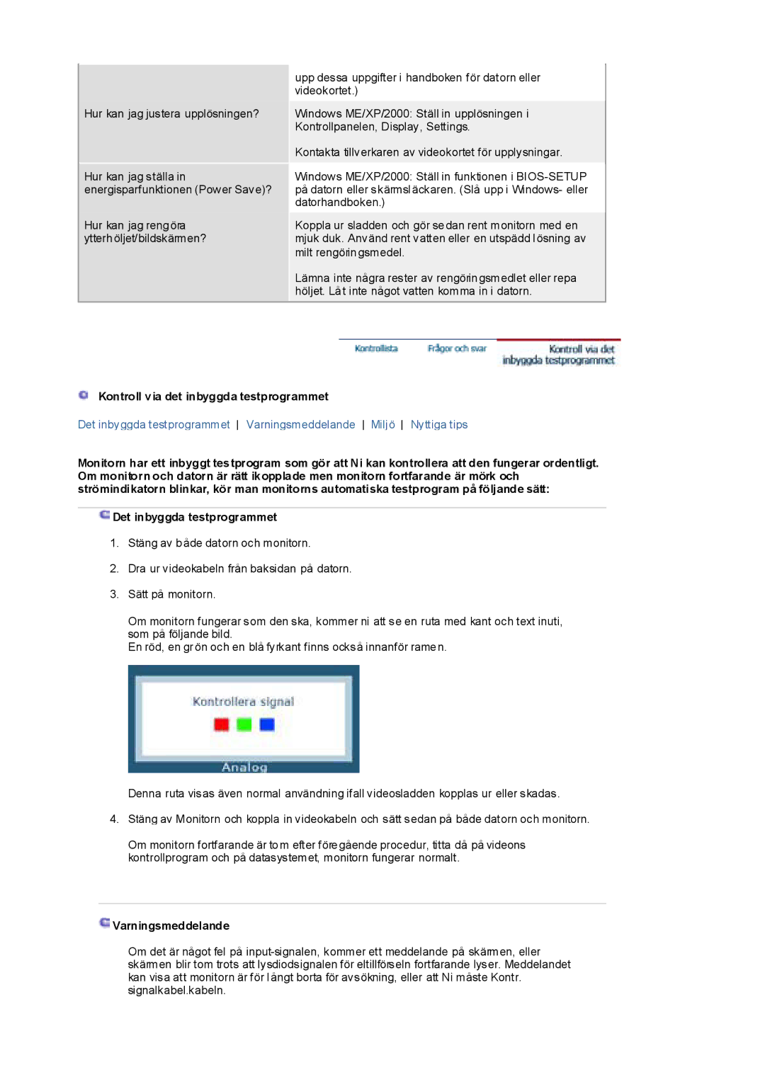 Samsung RL19PSUSQ/EDC, RL17PSUSQ/EDC, RL17ESQSB/EDC, RL17ESUSB/EDC manual Kontroll via det inbyggda testprogrammet 