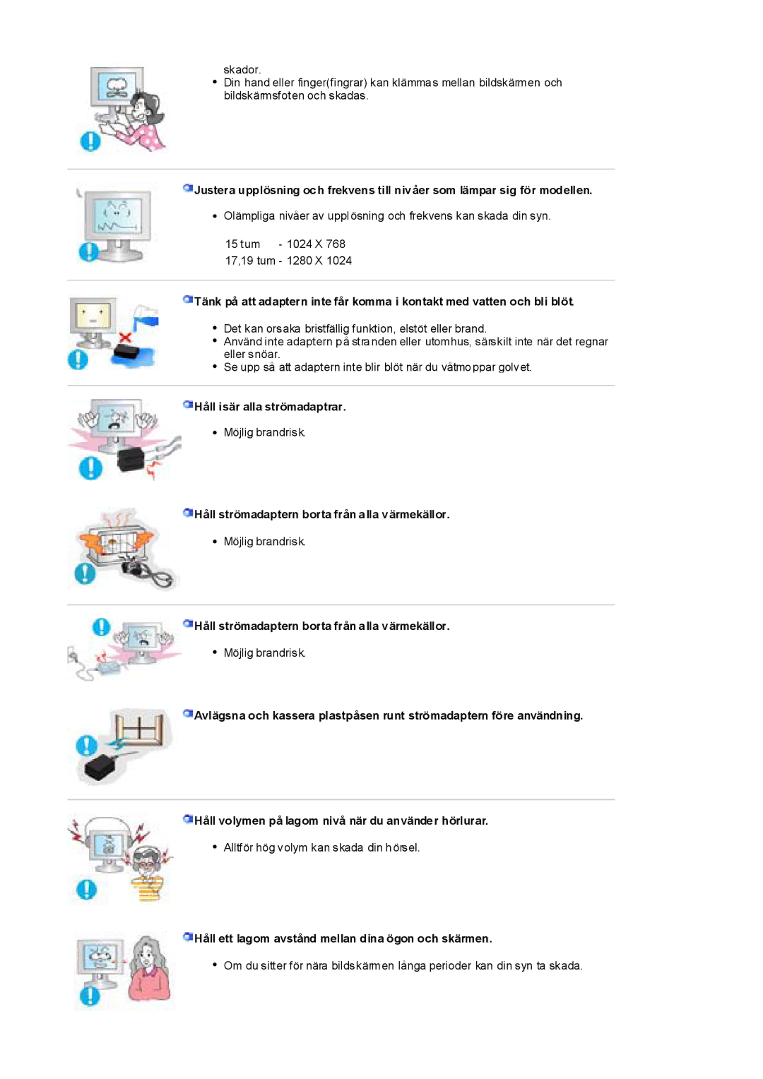 Samsung RL17ESUSB/EDC, RL17PSUSQ/EDC manual Håll isär alla strömadaptrar, Håll strömadaptern borta från alla värmekällor 