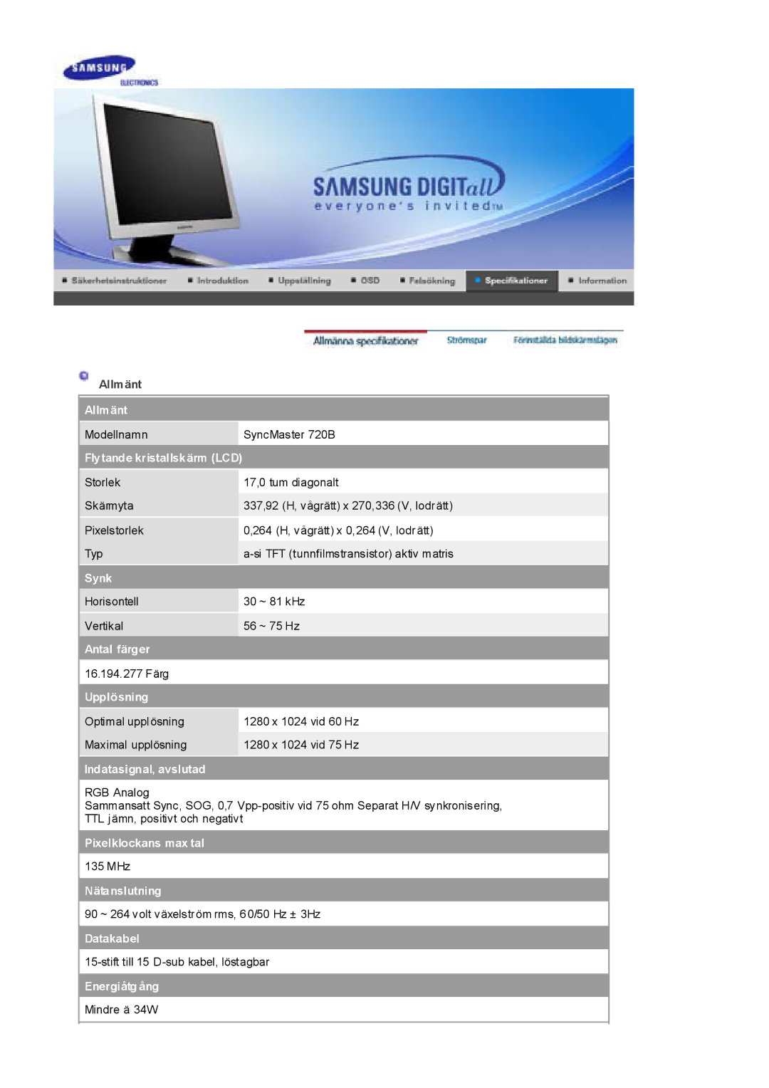 Samsung RL17ESUSB/EDC manual Allmänt, Flytande kristallskärm LCD, Synk, Antal färger, Upplösning, Indatasignal, avslutad 