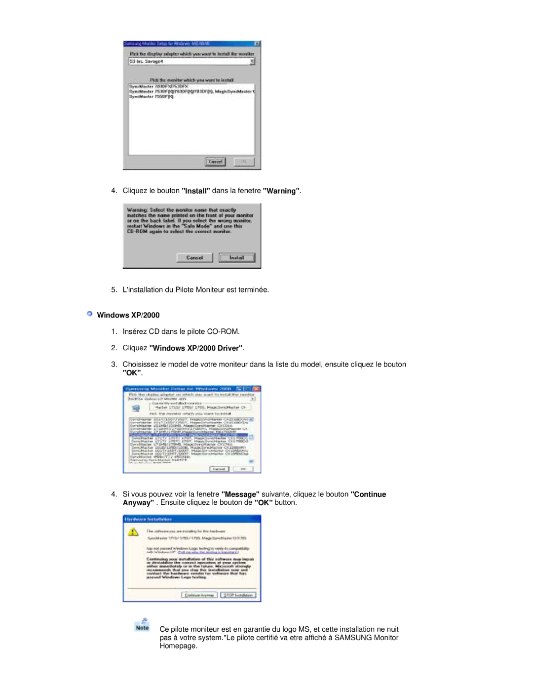 Samsung RL17PSUSQ/EDC, RL19PSUSQ/EDC, RL17PSQSQ/EDC, RL17ESQSB/EDC, RL19PSQSQ/EDC manual Cliquez Windows XP/2000 Driver 