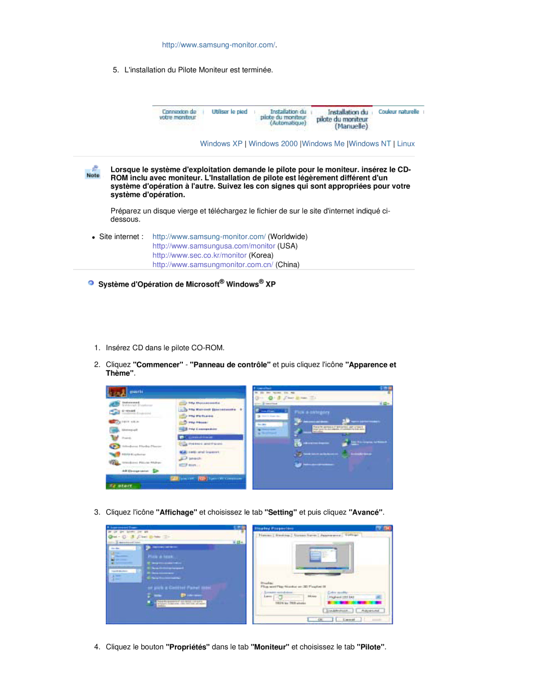 Samsung RL19PSUSQ/EDC, RL17PSUSQ/EDC, RL17PSQSQ/EDC, RL17ESQSB/EDC, RL19PSQSQ/EDC Système dOpération de Microsoft Windows XP 