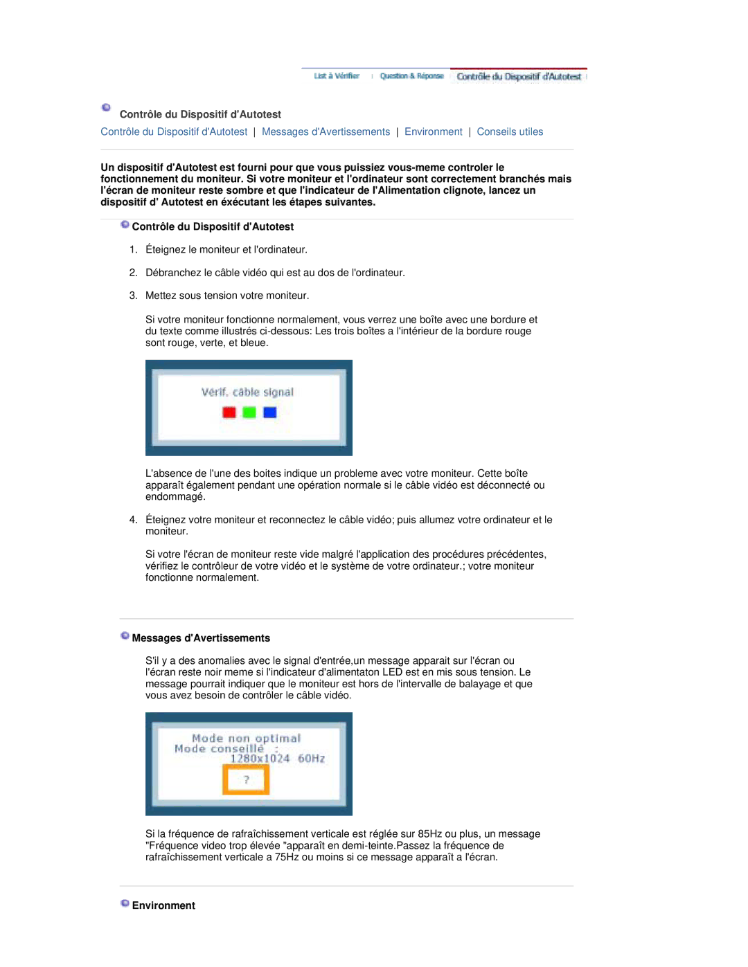 Samsung RL17ESQSB/EDC, RL17PSUSQ/EDC, RL19PSUSQ/EDC Contrôle du Dispositif dAutotest, Messages dAvertissements, Environment 