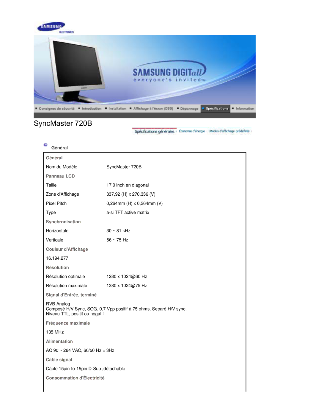 Samsung RL19PSQSQ/EDC, RL17PSUSQ/EDC, RL19PSUSQ/EDC, RL17PSQSQ/EDC, RL17ESQSB/EDC, RL17ESUSB/EDC manual Général, Panneau LCD 