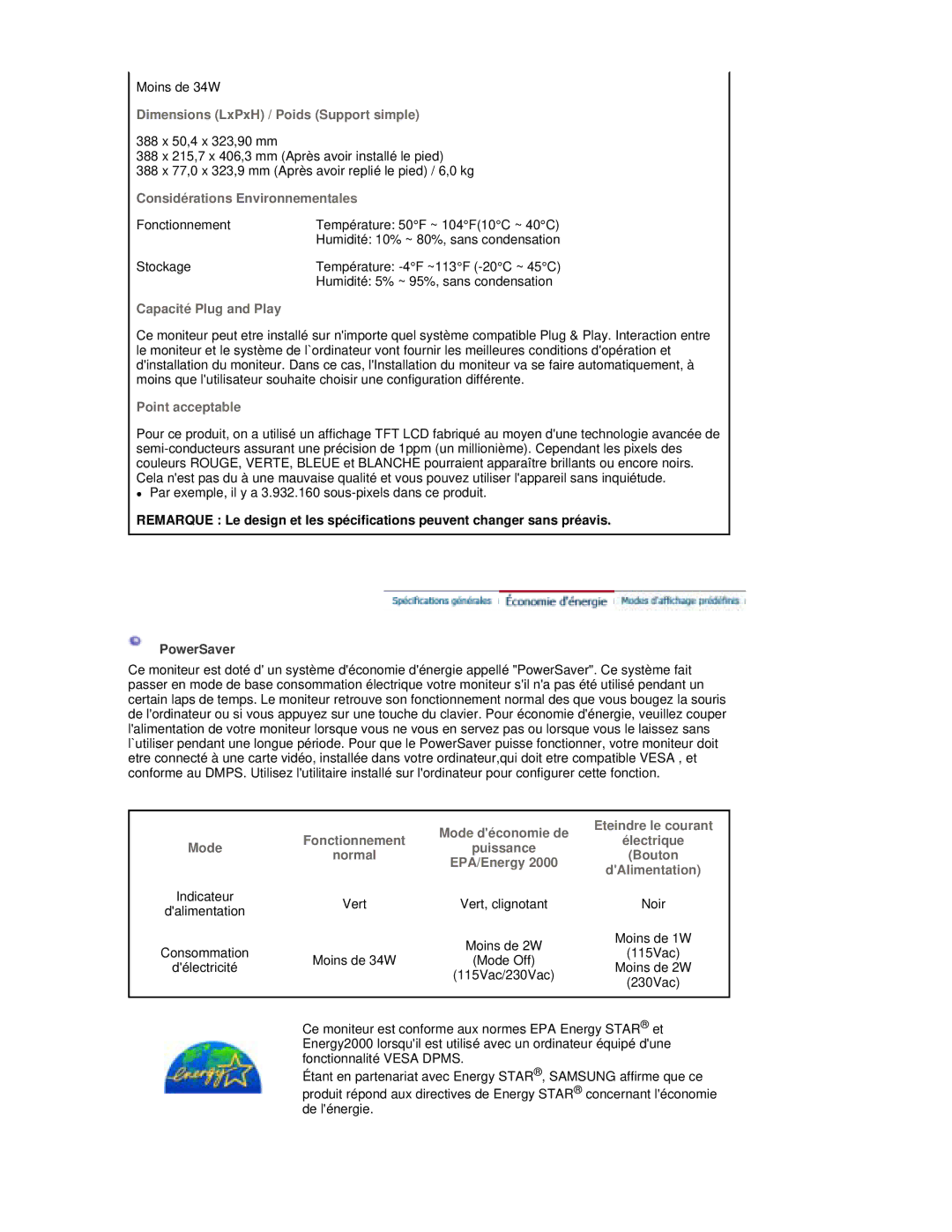 Samsung RL17ESUSB/EDC, RL17PSUSQ/EDC, RL19PSUSQ/EDC, RL17PSQSQ/EDC manual Dimensions LxPxH / Poids Support simple, PowerSaver 