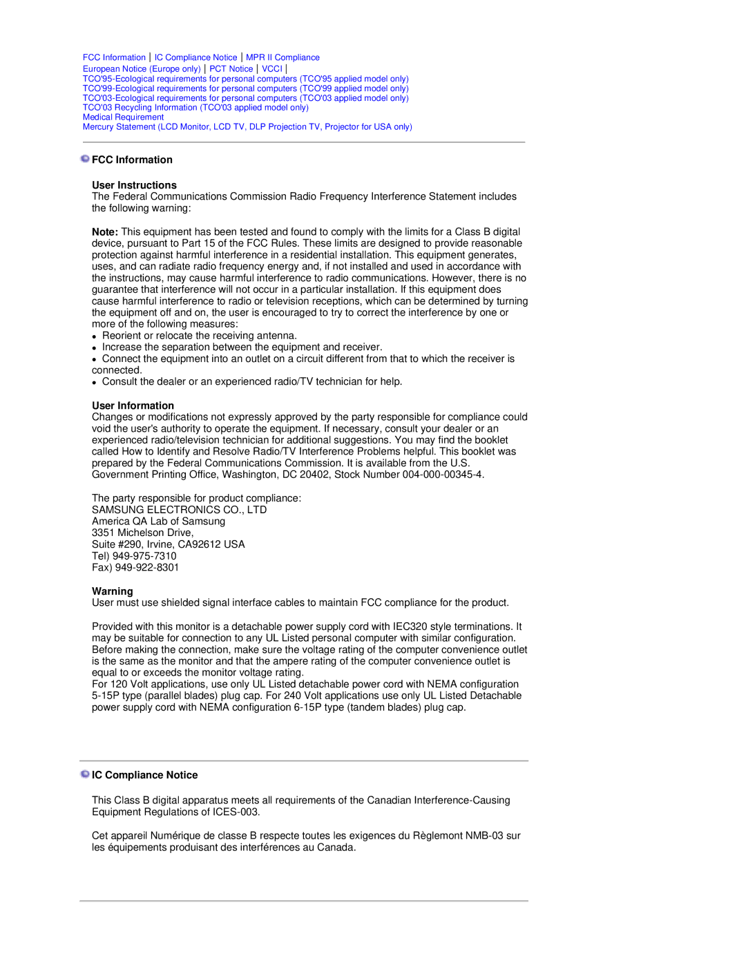 Samsung RL17PSUSQ/EDC, RL19PSUSQ/EDC manual FCC Information User Instructions, User Information, IC Compliance Notice 