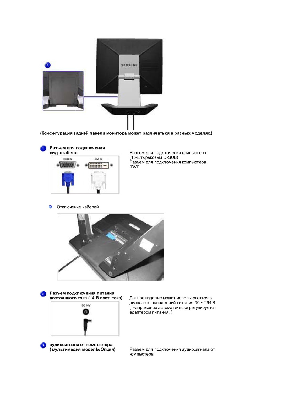 Samsung RL17ESUSB/EDC, RL17PSUSQ/EDC, RL19PSUSQ/EDC, RL17PSQSQ/EDC Ɋɚɡɴɟɦ ɩɨɞɤɥɸɱɟɧɢɹ ɩɢɬɚɧɢɹ, ɚɭɞɢɨɫɢɝɧɚɥɚ ɨɬ ɤɨɦɩɶɸɬɟɪɚ 