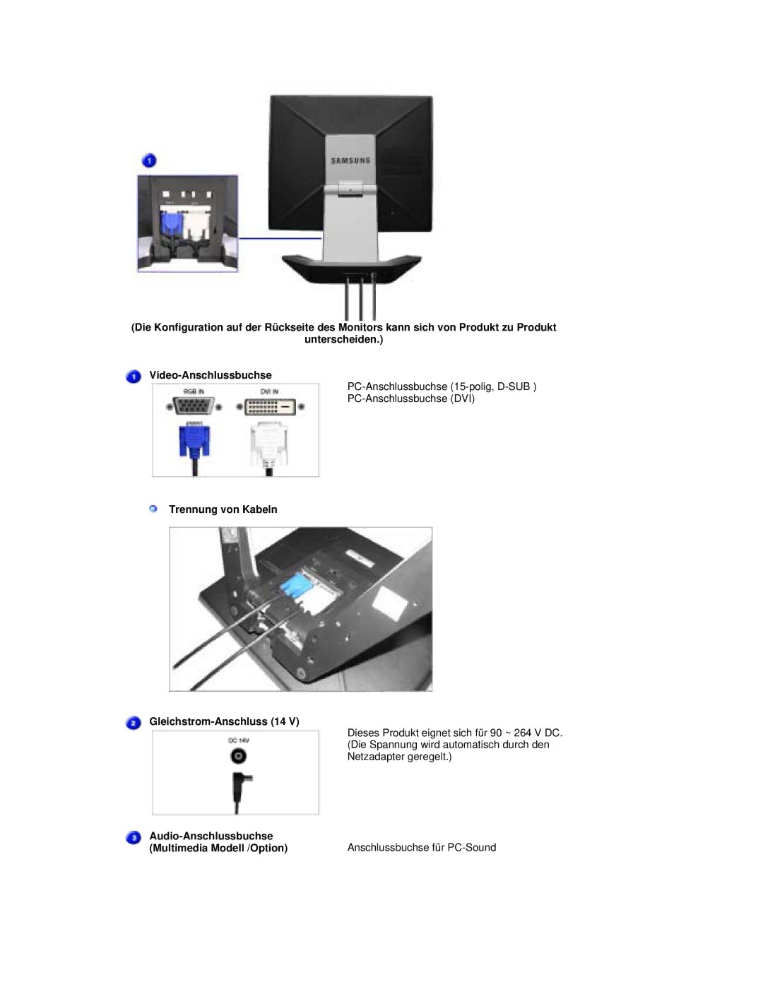 Samsung RL17PSUSQ/EDC, RL19PSUSQ/EDC, RL17PSQSQ/EDC, RL19PSQSQ/EDC manual Trennung von Kabeln Gleichstrom-Anschluss 14 