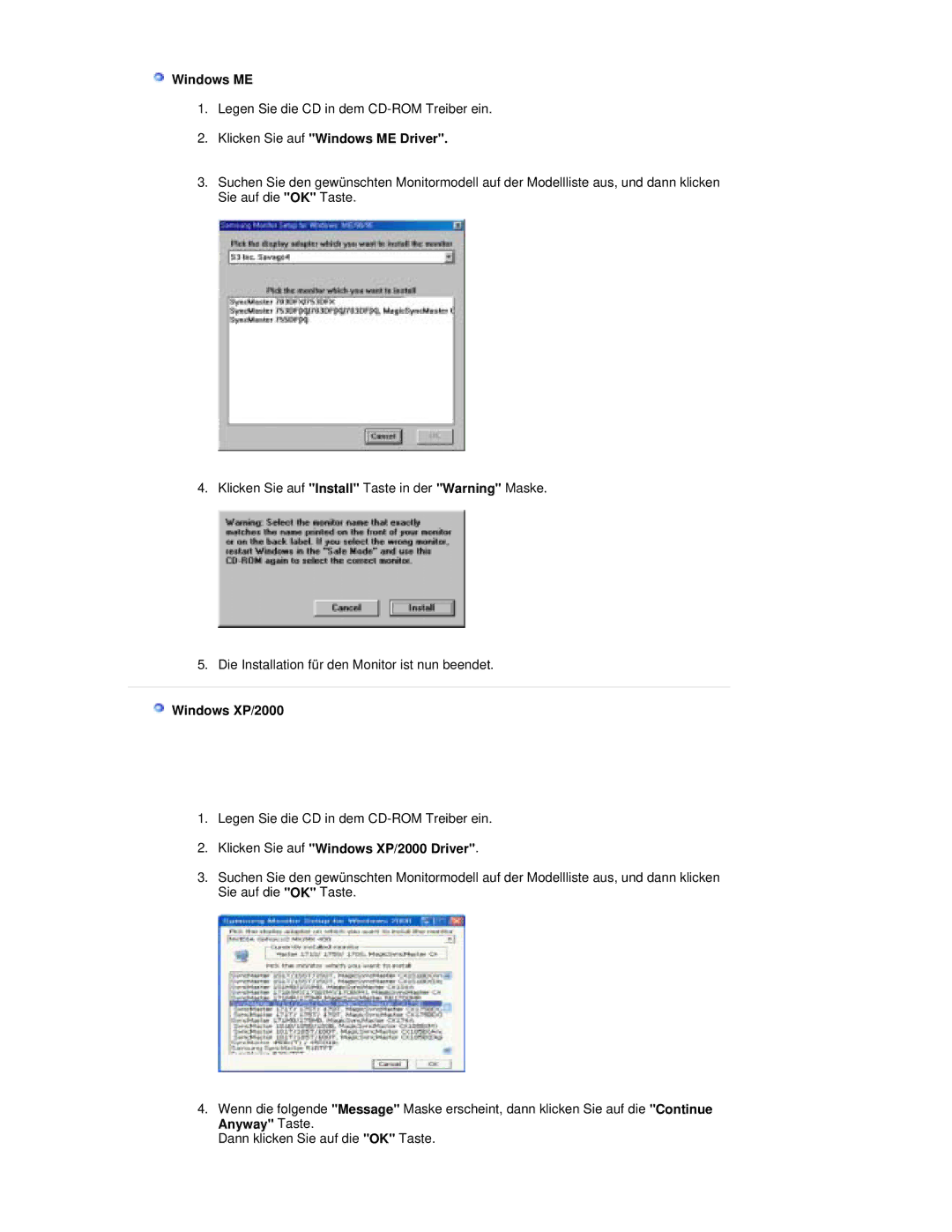 Samsung RL19PSQSQ/EDC, RL17PSUSQ/EDC Klicken Sie auf Windows ME Driver, Klicken Sie auf Windows XP/2000 Driver 