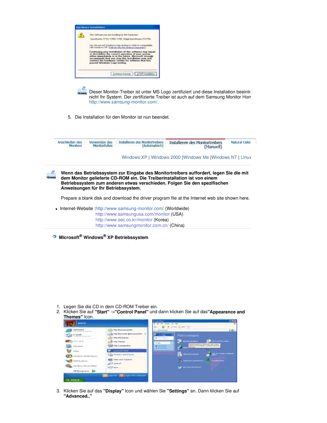 Samsung RL17PSUSQ/EDC, RL19PSUSQ/EDC, RL17PSQSQ/EDC, RL19PSQSQ/EDC manual Microsoft Windows XP Betriebssystem, Advanced 