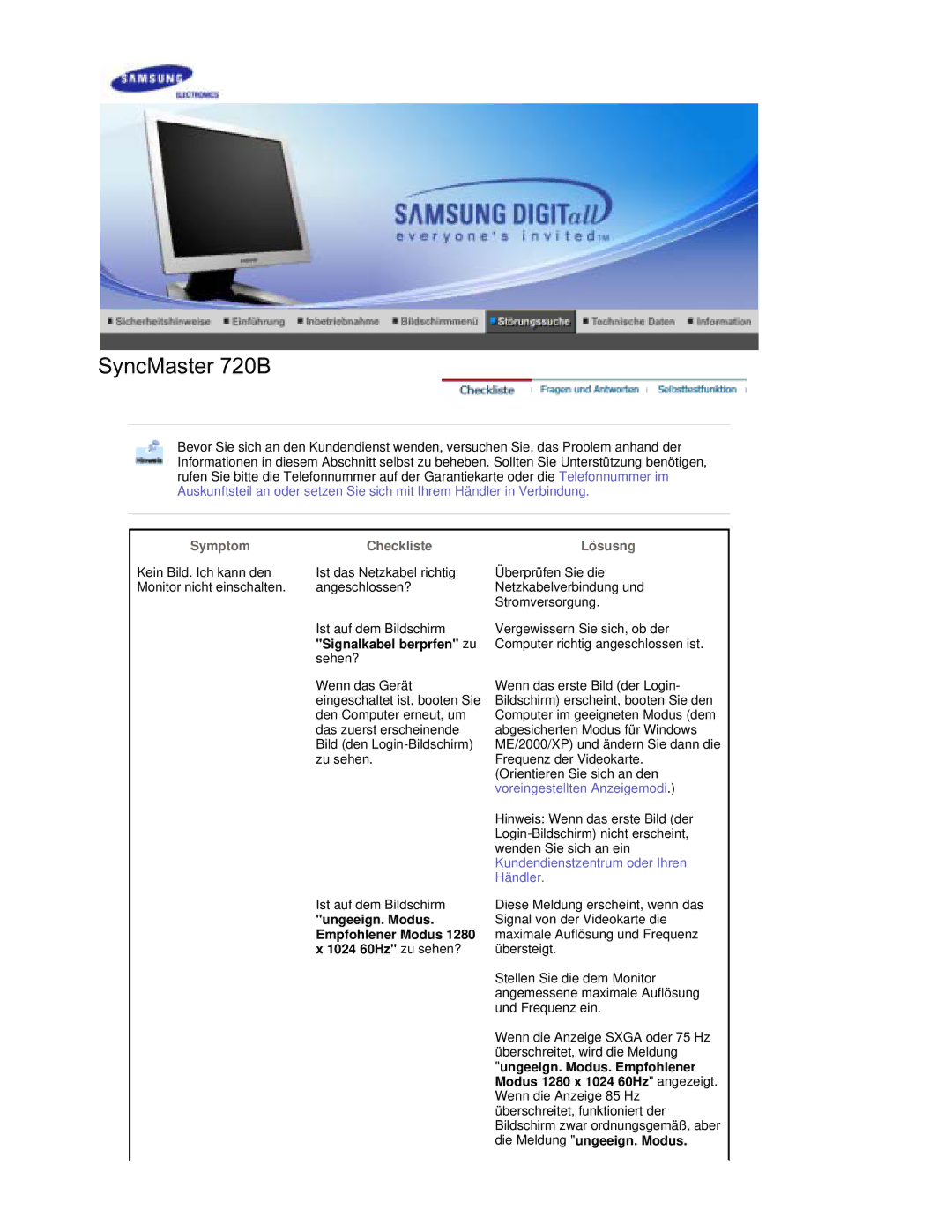 Samsung RL19PSQSQ/EDC, RL17PSUSQ/EDC, RL19PSUSQ/EDC, RL17PSQSQ/EDC manual Symptom Checkliste, Signalkabel berprfen zu 