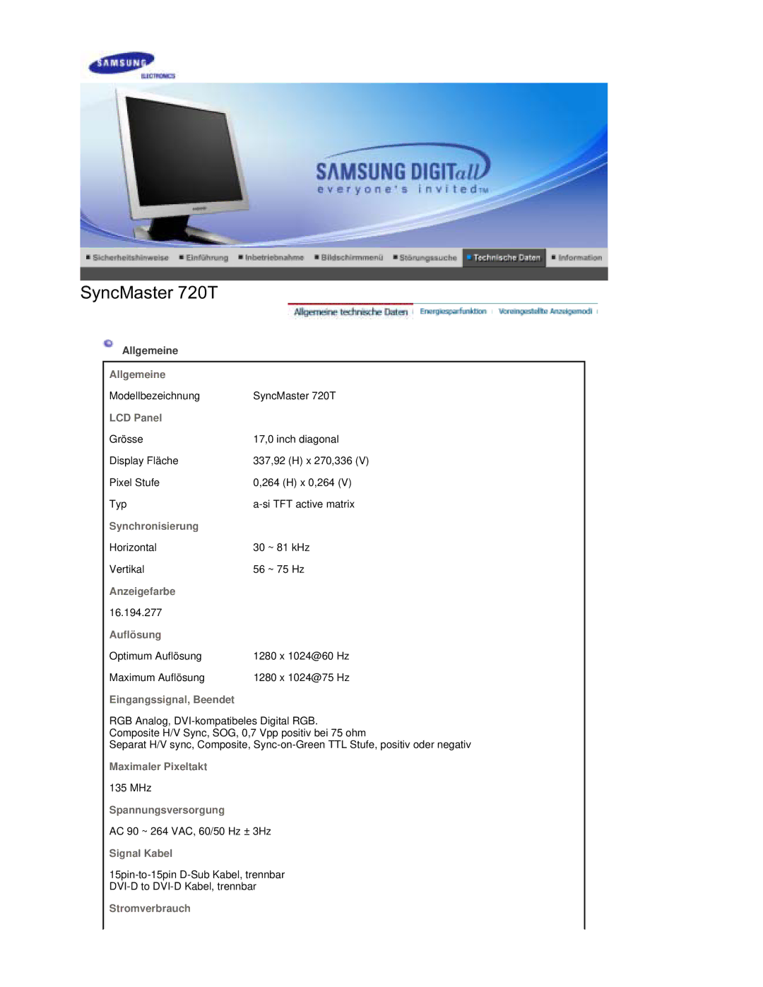 Samsung RL17PSUSQ/EDC, RL19PSUSQ/EDC, RL17PSQSQ/EDC, RL19PSQSQ/EDC manual SyncMaster 720T 