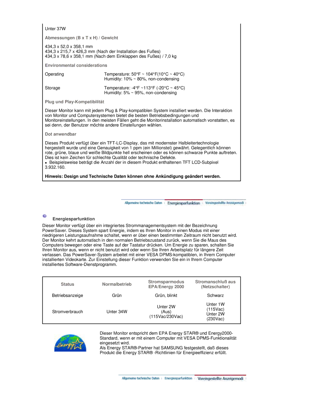 Samsung RL17PSUSQ/EDC, RL19PSUSQ/EDC, RL17PSQSQ/EDC, RL19PSQSQ/EDC manual Unter 37W 