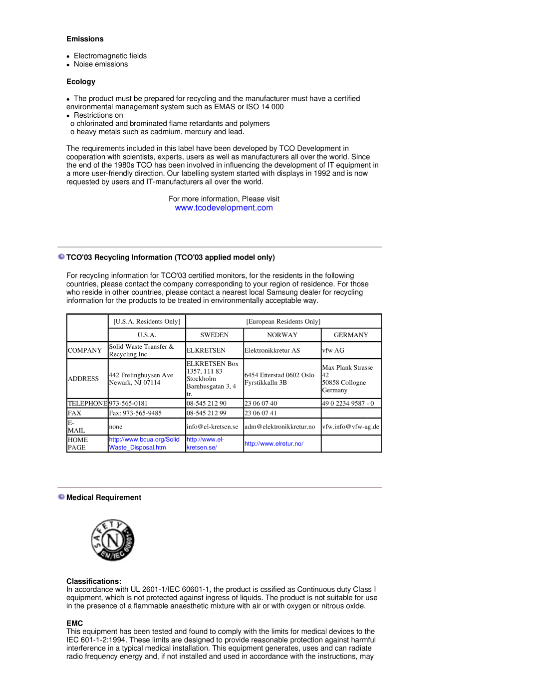 Samsung RL17PSUSQ/EDC, RL19PSUSQ/EDC manual Emissions, Ecology, TCO03 Recycling Information TCO03 applied model only 