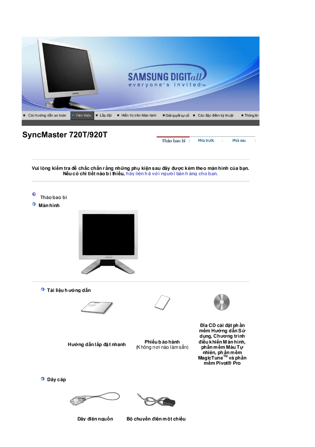 Samsung RL19PSQSQ/VNT manual SyncMaster 720T/920T, Dây cáp Dây ÿiӋn nguӗn Bӝ chuyӇn ÿiӋn mӝt chiӅu 