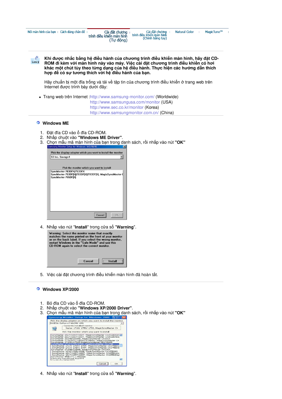 Samsung RL19PSQSQ/VNT manual Nhҩp chuӝt vào Windows ME Driver, Nhҩp chuӝt vào Windows XP/2000 Driver 