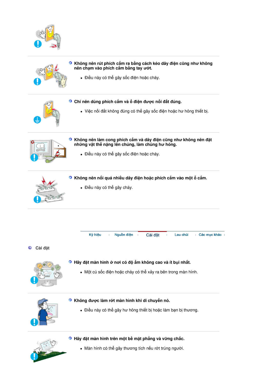 Samsung RL19PSQSQ/VNT manual ChӍ nên dùng phích cҳm và ә ÿiӋn ÿѭӧc nӕi ÿҩt ÿúng, Cài ÿһt 