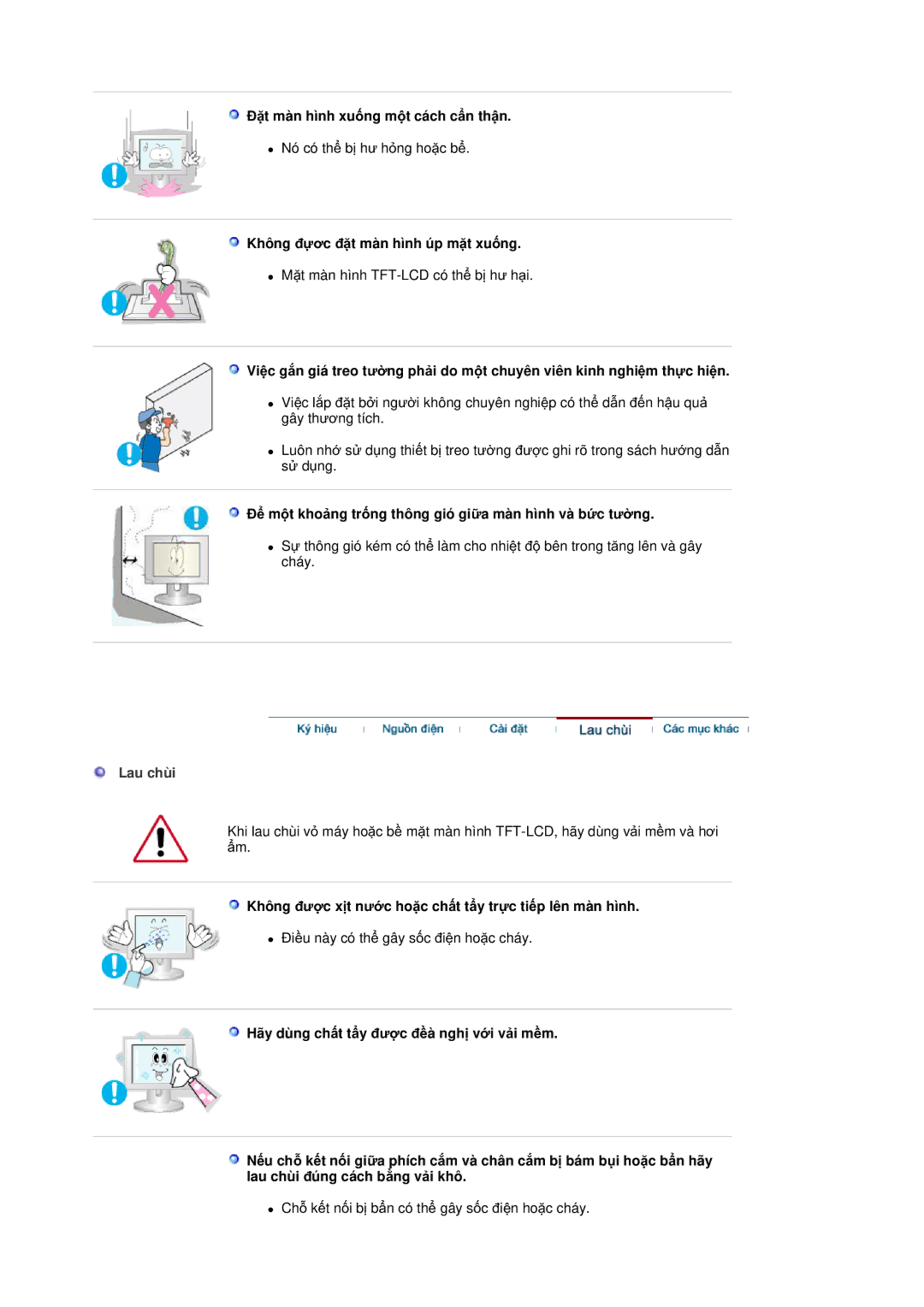 Samsung RL19PSQSQ/VNT manual Ĉһt màn hình xuӕng mӝt cách cҭn thұn, Không ÿӵѫc ÿһt màn hình úp mһt xuӕng, Lau chùi 