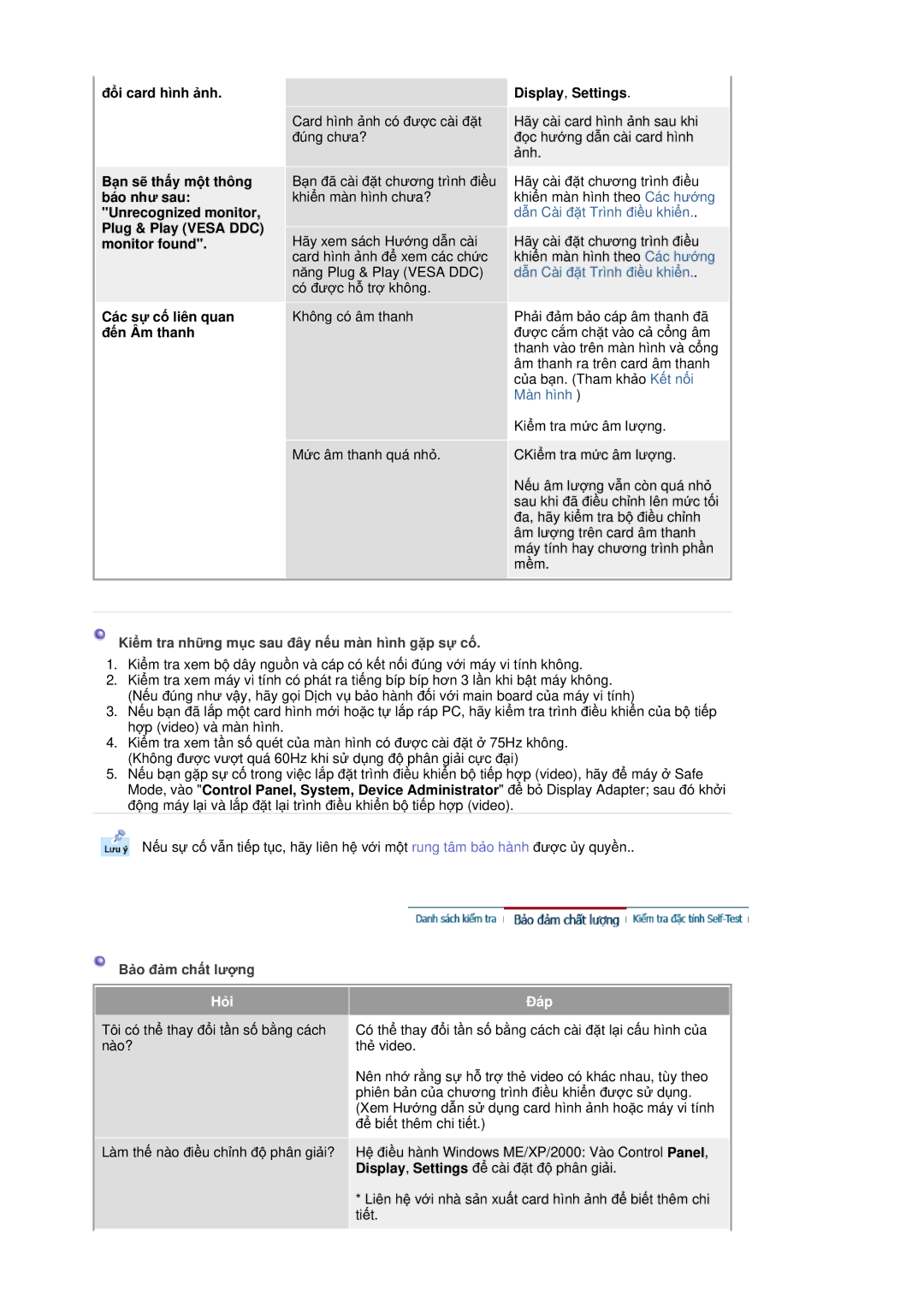 Samsung RL19PSQSQ/VNT manual Display, Settings, KiӇm tra nhӳng mөc sau ÿây nӃu màn hình gһp sӵ cӕ, Bҧo ÿҧm chҩt lѭӧng 