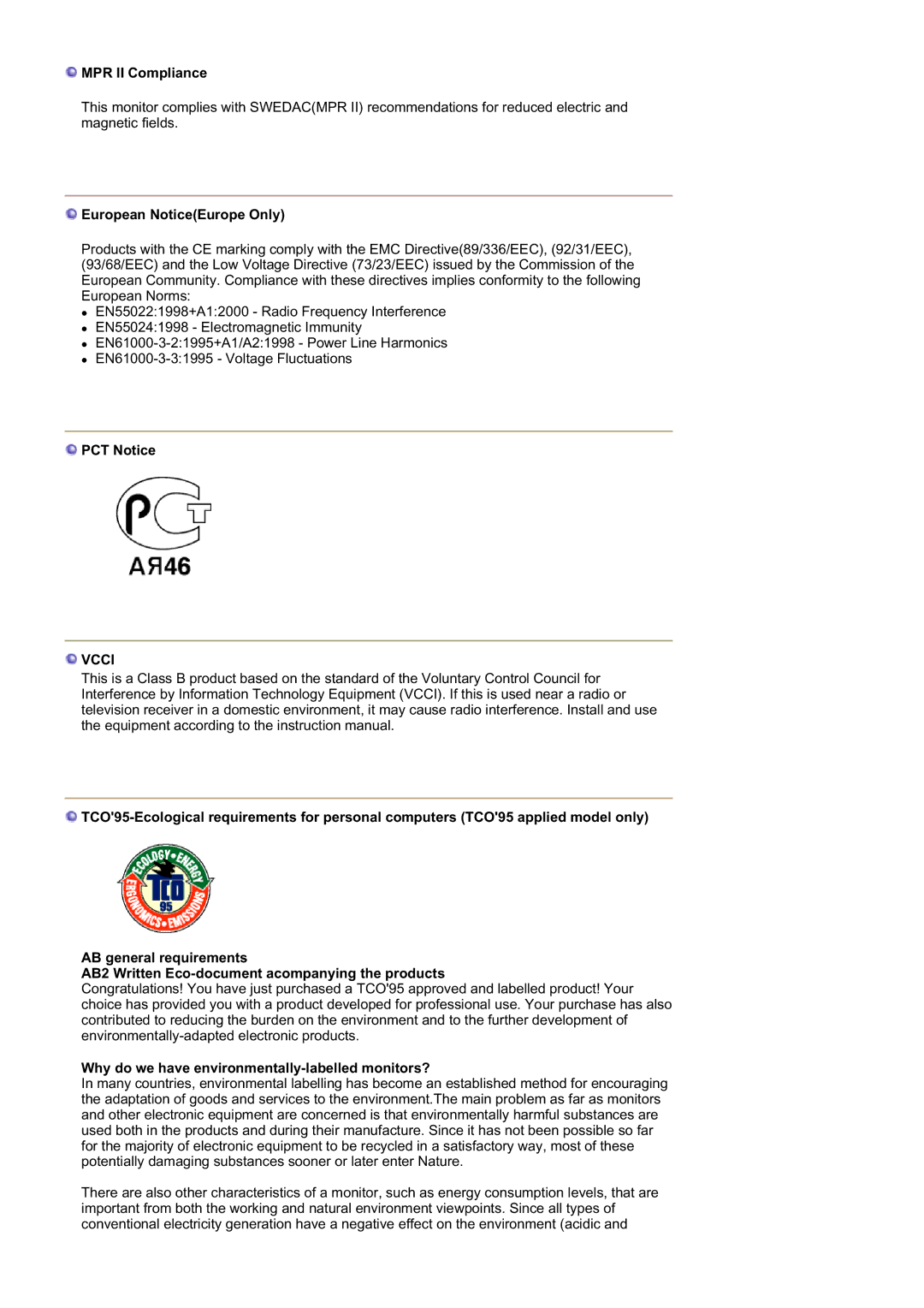 Samsung RL19PSQSQ/VNT manual MPR II Compliance, European NoticeEurope Only, PCT Notice 