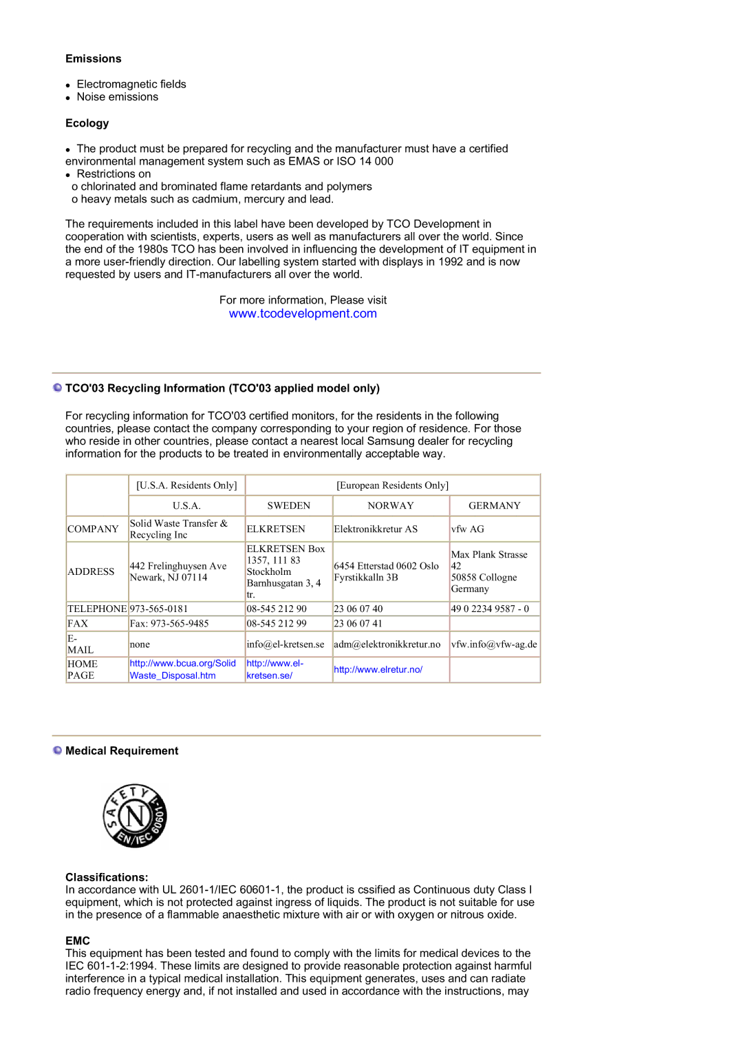 Samsung RL19PSQSQ/VNT manual Emissions, Ecology, TCO03 Recycling Information TCO03 applied model only 