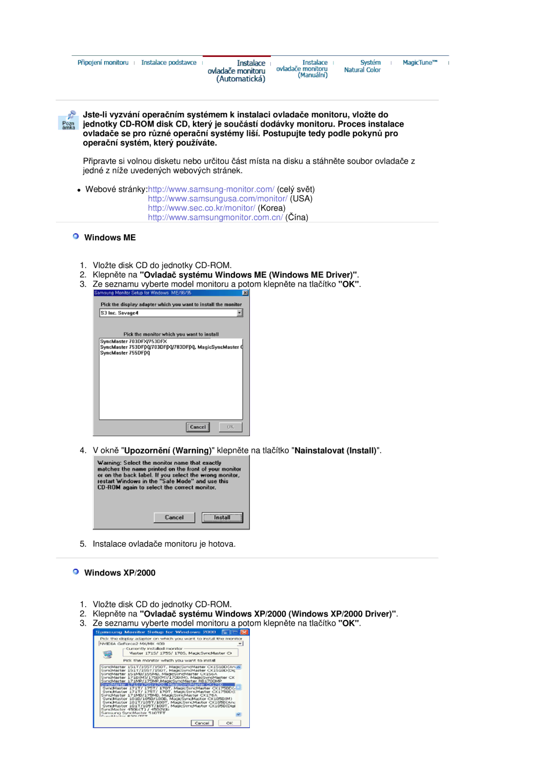 Samsung RL17ASQS/EDC, RL19PSUSQ/EDC manual KlepnČte na Ovladaþ systému Windows ME Windows ME Driver, Windows XP/2000 