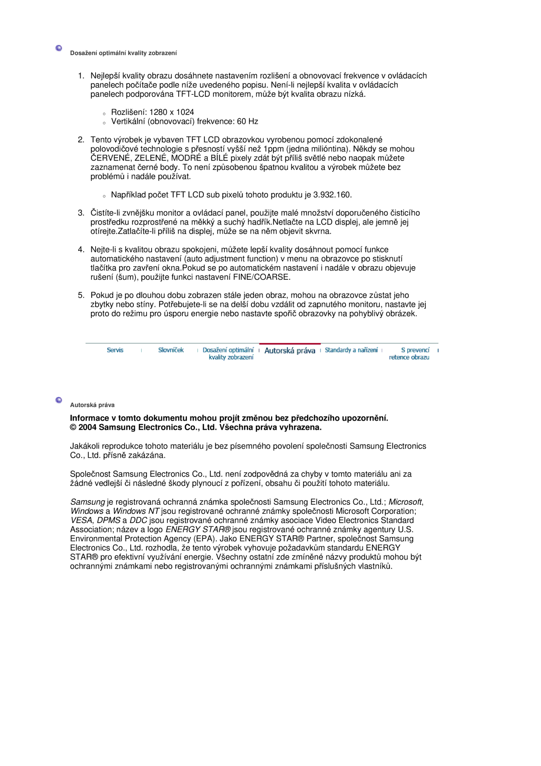 Samsung RL19PSUSQ/EDC, RL17ASQS/EDC, RL19PSQSQ/EDC manual Dosažení optimální kvality zobrazení 