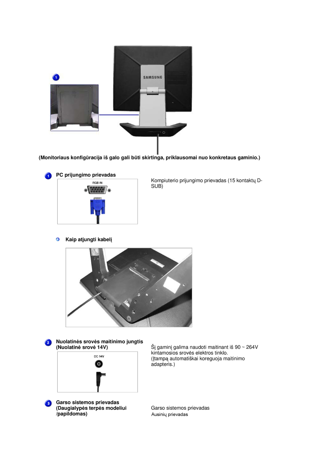 Samsung RL19PSUSQ/EDC manual Kaip atjungti kabelƳ Nuolatinơs srovơs maitinimo jungtis, Garso sistemos prievadas, Papildomas 