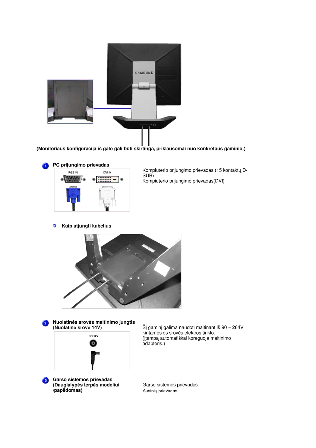 Samsung RL19PSQSQ/EDC, RL19PSUSQ/EDC Kaip atjungti kabelius Nuolatinơs srovơs maitinimo jungtis, Garso sistemos prievadas 