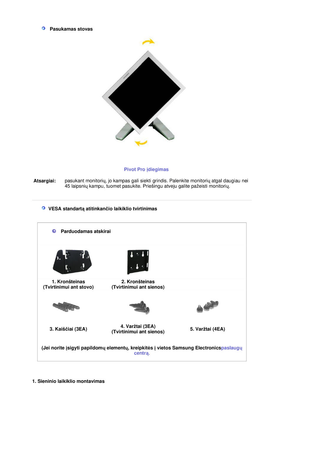 Samsung RL19PSQSQ/EDC, RL19PSUSQ/EDC, RL17ASQS/EDC manual Pasukamas stovas, Sieninio laikiklio montavimas 