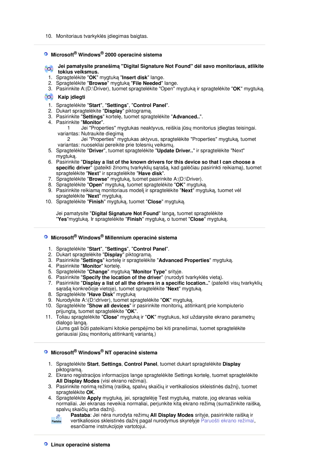 Samsung RL17ASQS/EDC Kaip Ƴdiegti Spragtelơkite Start, Settings, Control Panel, Microsoft Windows NT operacinơ sistema 