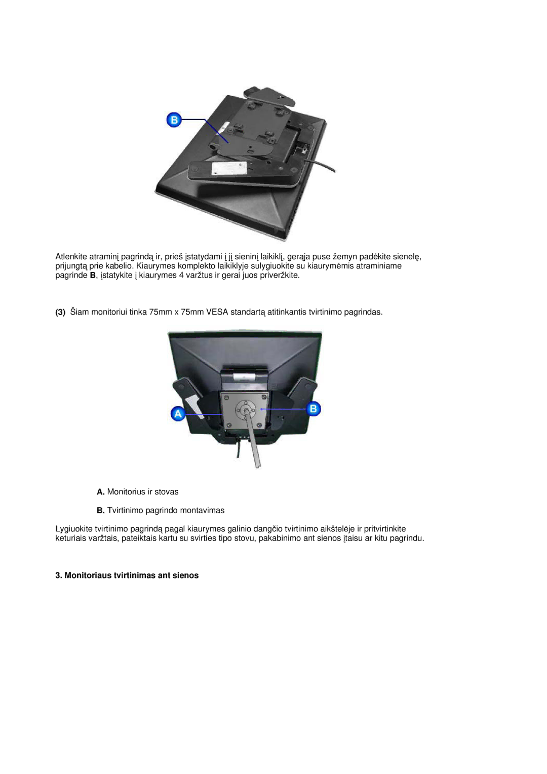 Samsung RL19PSQSQ/EDC, RL19PSUSQ/EDC, RL17ASQS/EDC manual Monitoriaus tvirtinimas ant sienos 