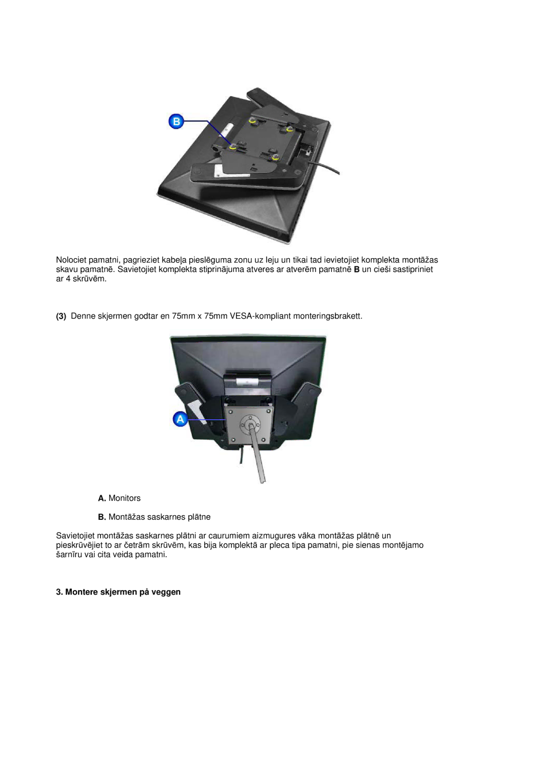 Samsung RL17ASQS/EDC, RL19PSUSQ/EDC, RL19PSQSQ/EDC manual Montere skjermen på veggen 