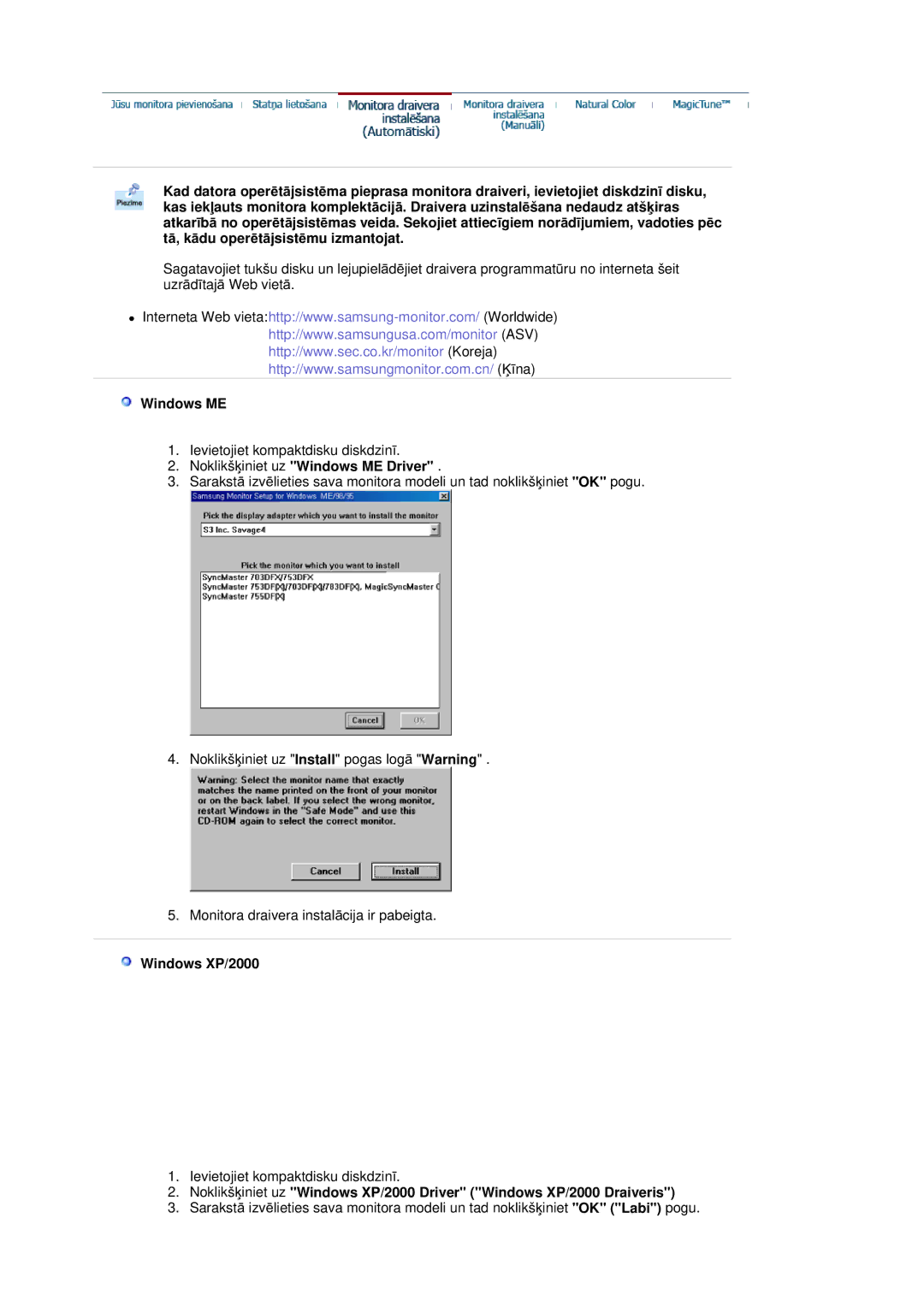 Samsung RL19PSUSQ/EDC, RL17ASQS/EDC, RL19PSQSQ/EDC manual NoklikšƷiniet uz Windows ME Driver, Windows XP/2000 