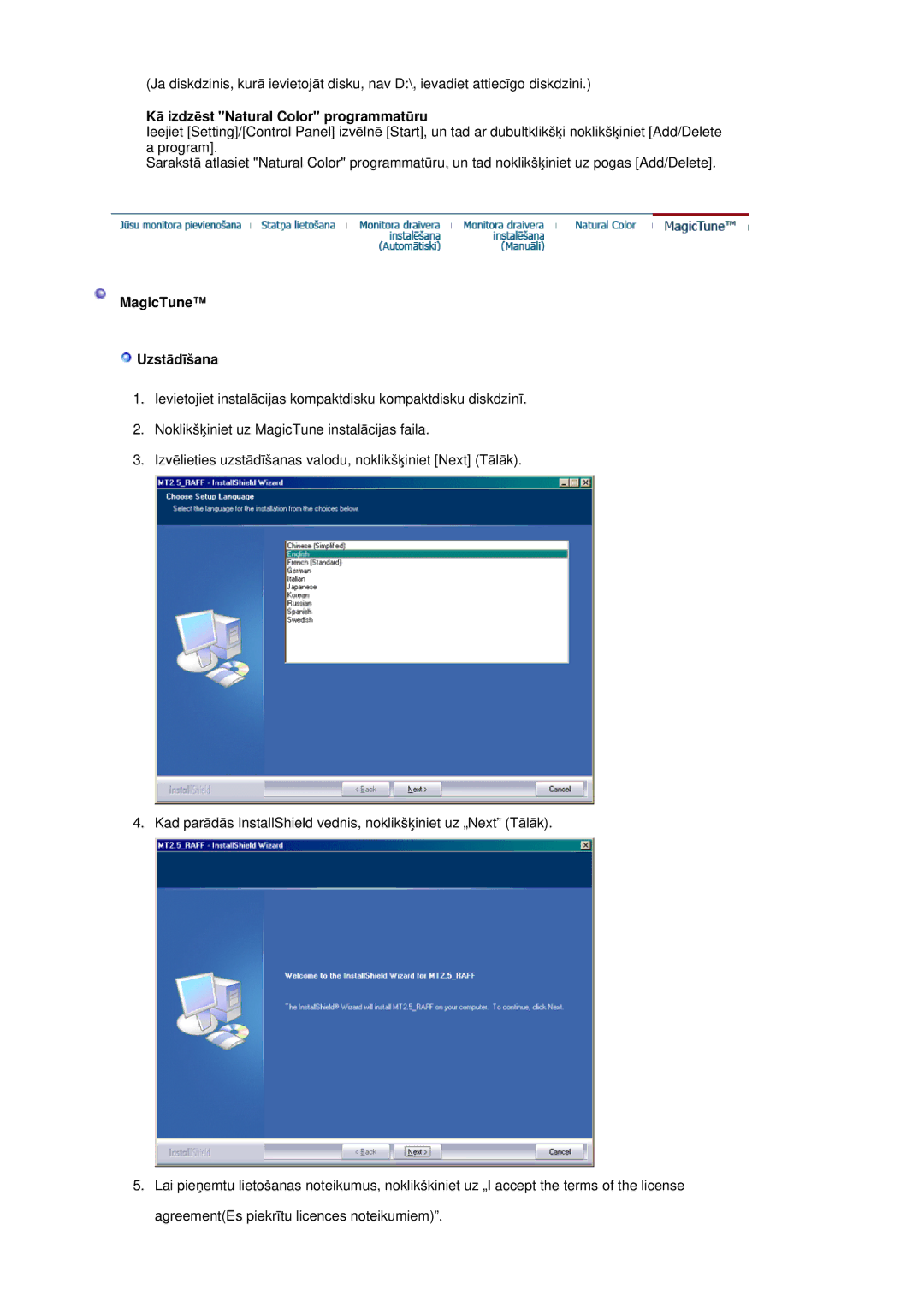 Samsung RL19PSUSQ/EDC, RL17ASQS/EDC, RL19PSQSQ/EDC manual KƗ izdzƝst Natural Color programmatǌru, MagicTune UzstƗdƯšana 