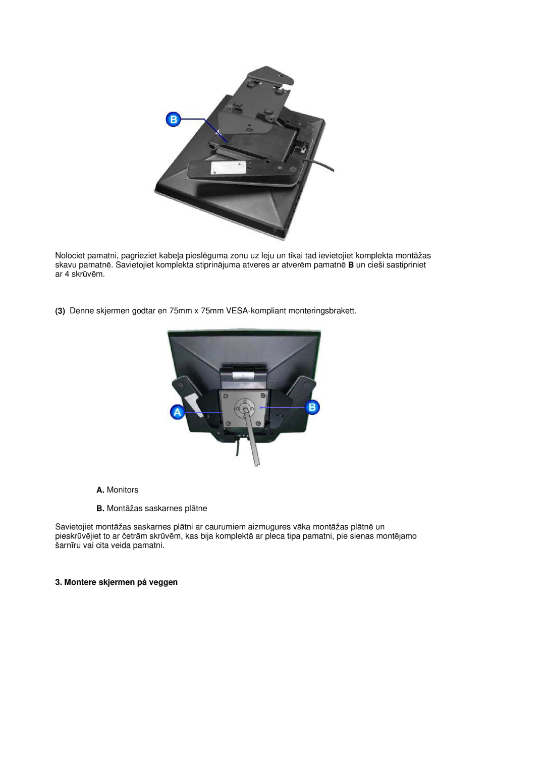 Samsung RL19PSQSQ/EDC, RL19PSUSQ/EDC, RL17ASQS/EDC manual Montere skjermen på veggen 