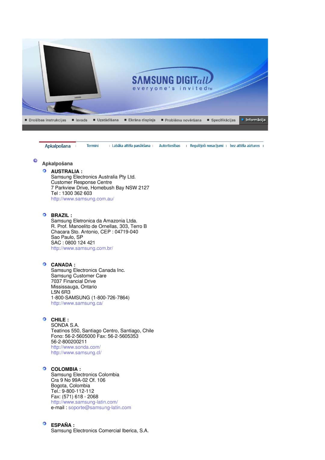 Samsung RL19PSUSQ/EDC, RL17ASQS/EDC, RL19PSQSQ/EDC manual Apkalpošana, Australia Brazil 