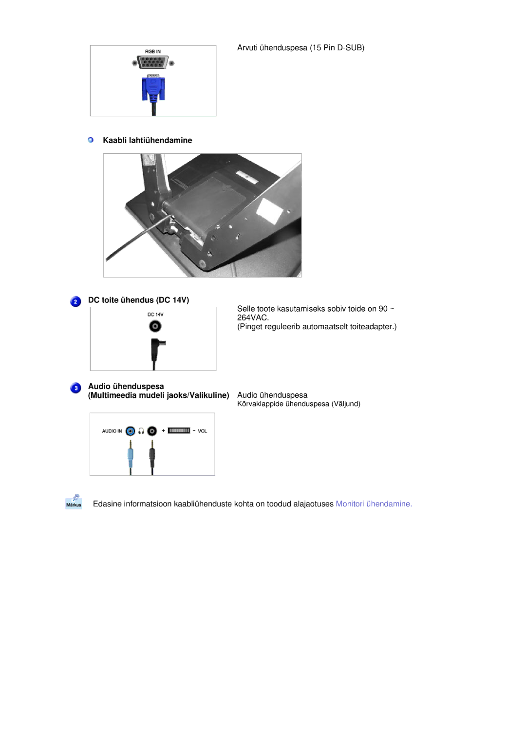 Samsung RL19PSUSQ/EDC, RL17ASQS/EDC, RL19PSQSQ/EDC manual Kaabli lahtiühendamine DC toite ühendus DC, Audio ühenduspesa 