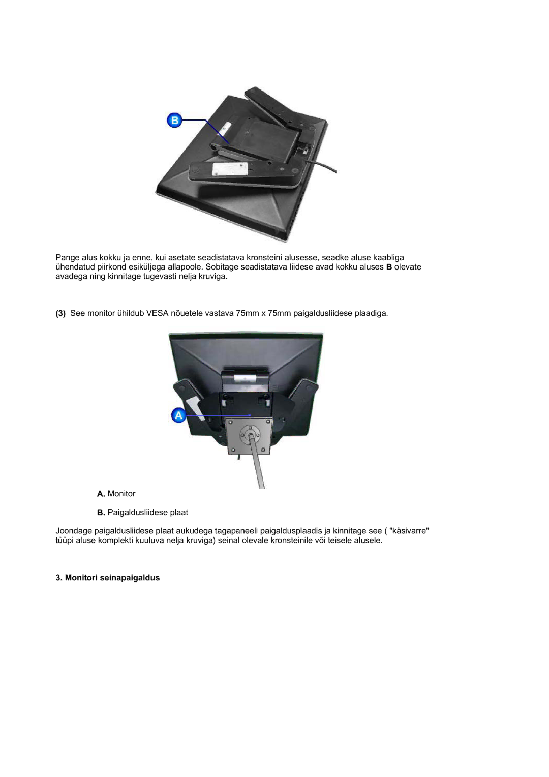 Samsung RL19PSUSQ/EDC, RL17ASQS/EDC, RL19PSQSQ/EDC manual Monitori seinapaigaldus 