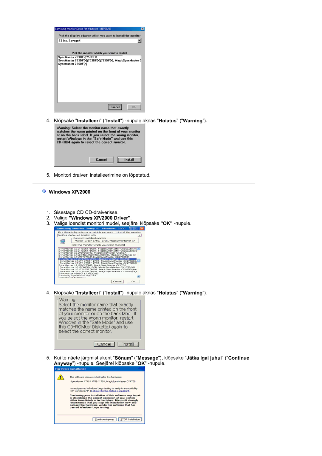 Samsung RL19PSUSQ/EDC, RL17ASQS/EDC, RL19PSQSQ/EDC manual Valige Windows XP/2000 Driver 