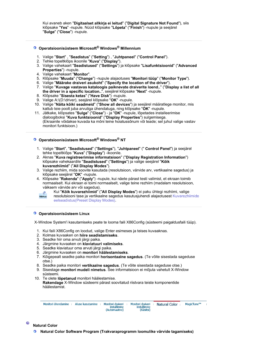 Samsung RL17ASQS/EDC, RL19PSUSQ/EDC, RL19PSQSQ/EDC Operatsioonisüsteem Linux, Järgmine kuvaaken on monitori häälestamiseks 